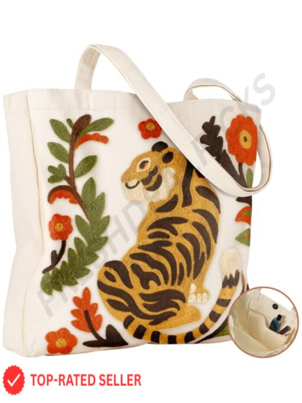 Linen Canvas Tote Bag Floral Embroidery Magnetic Buckle Shoulder Strap